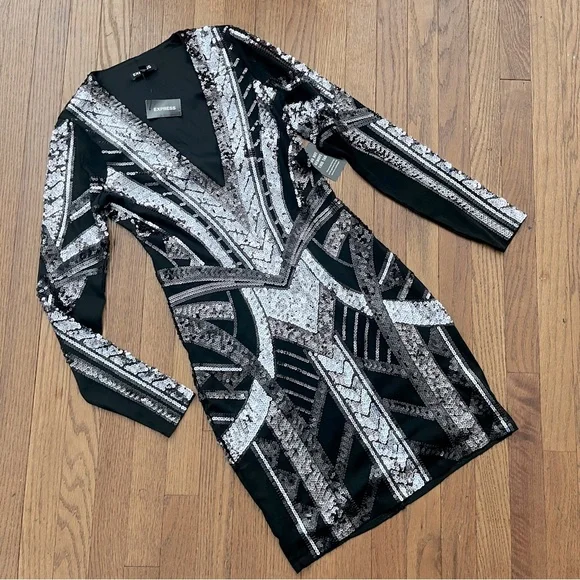 Express | Dresses | Express Sequin Blacksilver Bodycon Mini Dress Plunging  Vneck Stretch Size Xs | Poshmark